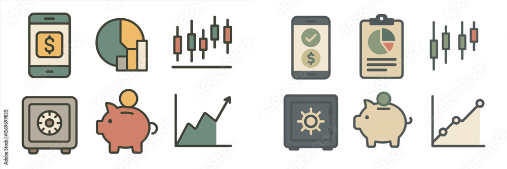 Poster Financial icons illustrating savings, investment, and data analysis concepts with multiple graphic elements