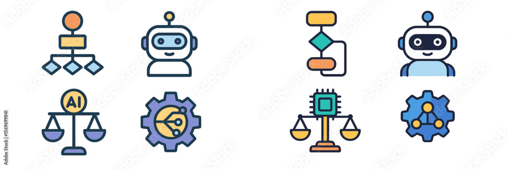 Poster Various icons representing artificial intelligence, technology processes, and balanced systems, suitable for educational use and presentations