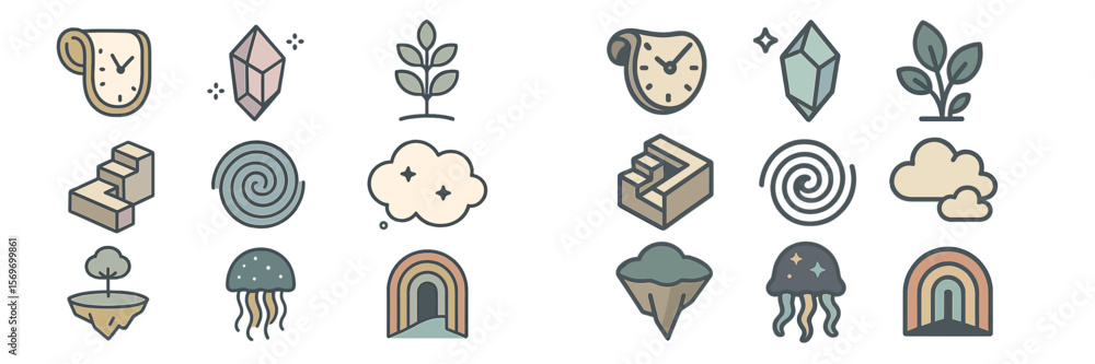 Poster Creative collection of abstract icons and illustrations displaying unique shapes and elements in a colorful and imaginative style