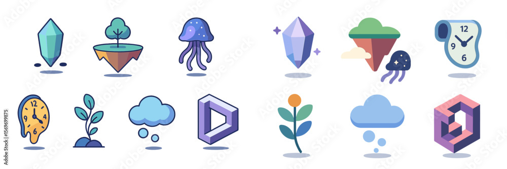Poster creative icons showcasing nature, time, and abstract concepts, designed with vibrant colors and a pl