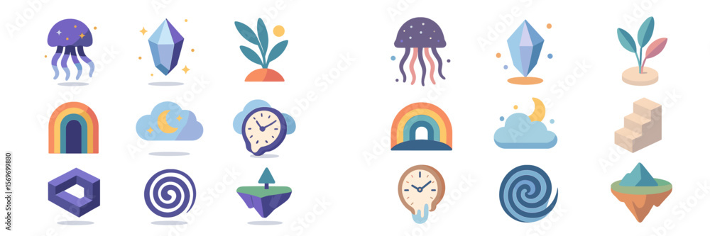 Poster Colorful collection of abstract icons featuring nature, time, and fantasy elements on a simple background