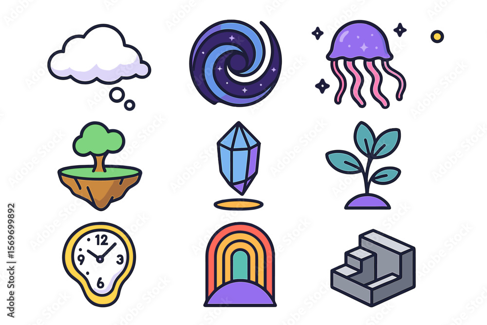 Poster Collection of colorful icons representing various elements of nature, time, and imagination with a playful art style