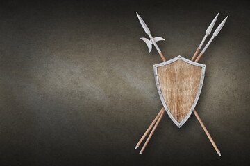 wooden shield with two spears and halberd on grunge background