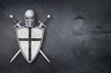 knight armor on old fortress dark background