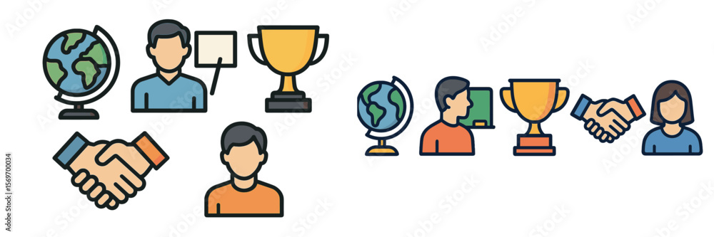 Aufkleber global collaboration and achievement icons showcasing teamwork and success in various fields