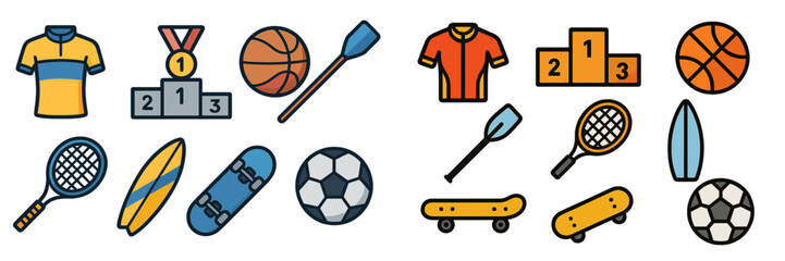 Fototapeta premium Collection of colorful sports icons featuring various equipment and jerseys representing different athletic activities