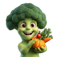 Happy broccoli character holding fresh vegetables isolated on transparent background