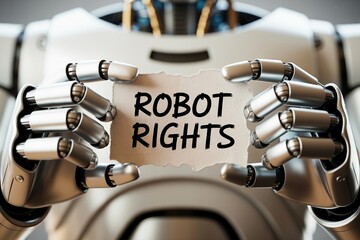 Robot holding a paper expressing technological rights with a focus on equality