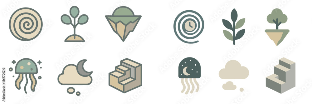 Poster Design elements featuring nature-inspired icons and abstract shapes in soft colors for creative projects and digital applications
