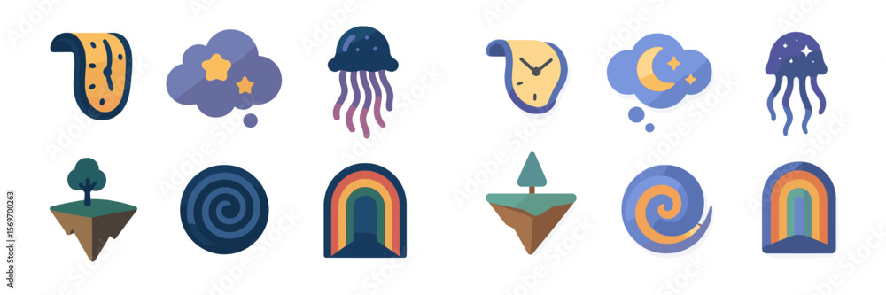 Poster colorful abstract icons featuring nature elements, celestial themes, and whimsical shapes created fo