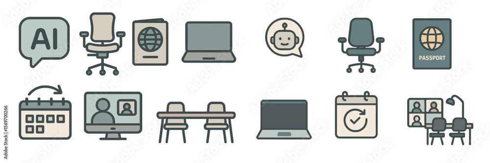 Poster Icons representing remote work, technology, and organization in a modern workspace setting