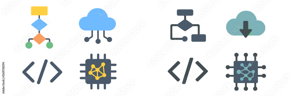 Aufkleber Visual representation of technology concepts including cloud computing, coding, and data flow diagrams