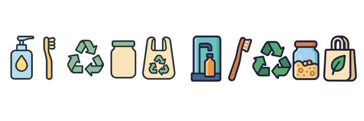 Icons representing eco-friendly habits and recycling symbols promoting sustainability and responsible consumption in daily life