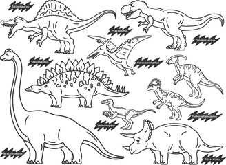 さまざまな恐竜（線画）のイラストセット