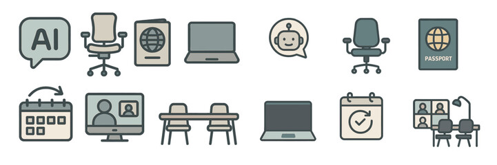 Icons representing remote work, technology, and organization in a modern workspace setting