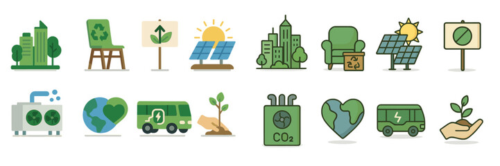Collection of eco-friendly icons representing sustainability and environmental initiatives in urban settings