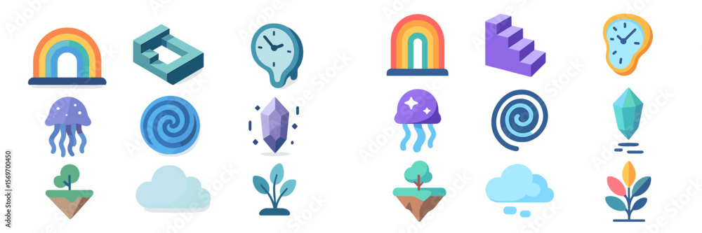 Poster colorful and imaginative collection of digital icons featuring nature, time, and abstract shapes sui