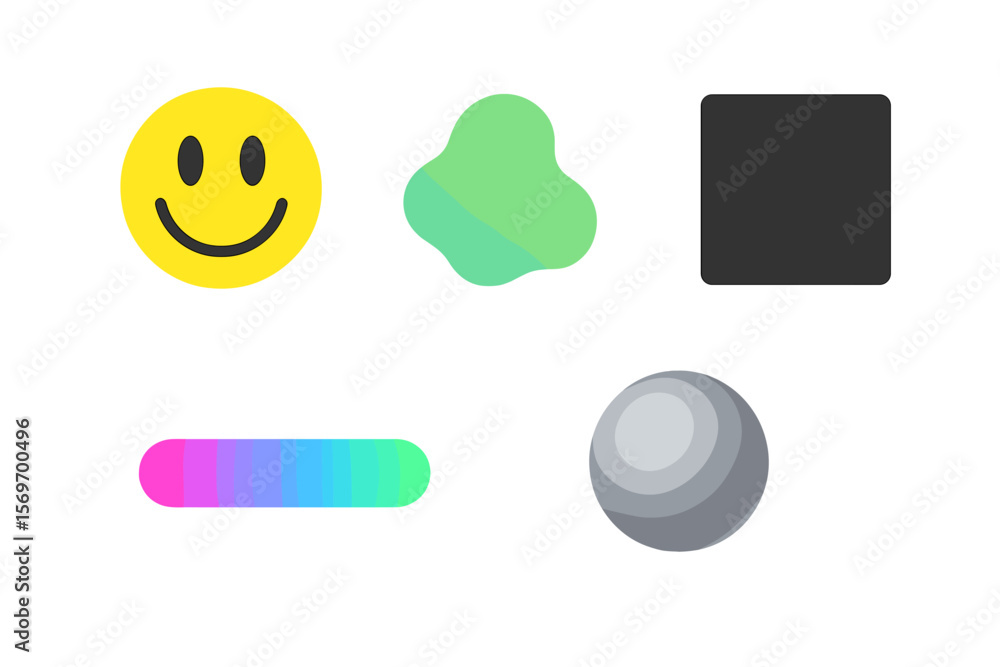 Poster colorful geometric shapes and a happy face displayed on a clean white background during a design wor