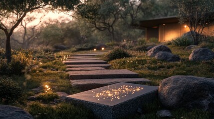 Obraz premium Stone path winds through landscaped garden at sunset