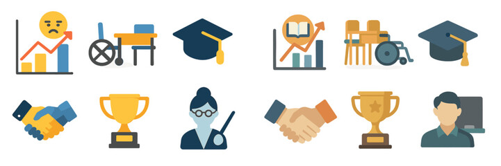 Educational icons representing growth, achievement, and community interaction in a modern learning environment