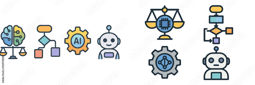 Poster Modern artificial intelligence concepts represented through colorful illustrations showcasing various aspects of technology and ethics