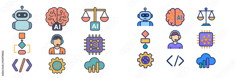 Poster Icons representing artificial intelligence, machine learning, and data analysis concepts in a modern design