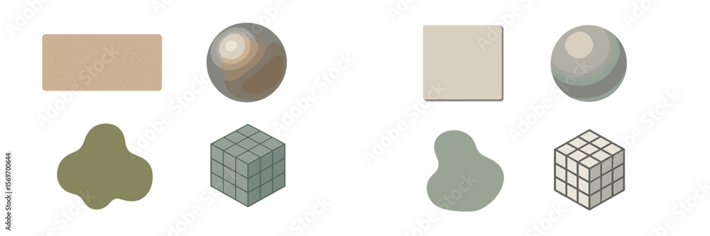 Poster visual representation of geometric shapes and organic forms arranged in a grid layout for educationa