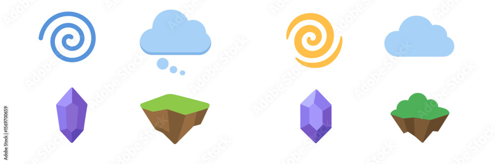 Poster design elements featuring abstract clouds, crystals, and swirling patterns for creative projects