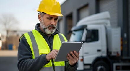 Mature man, a construction worker, checking digital plans on a tablet at a building site. Engineer using technology for project management.