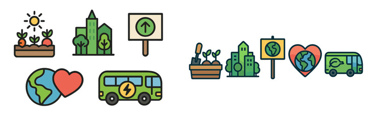 Creative representations of sustainability, urban gardening, and eco-friendly transportation with green themes and heart symbols