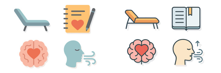 Mental health icons illustrating therapy, self-care, and emotional well-being through various symbols and activities