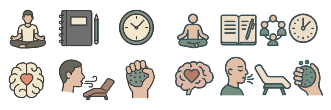 Mindfulness and Mental Health Practices illustrated with simple icons for stress reduction and relaxation techniques