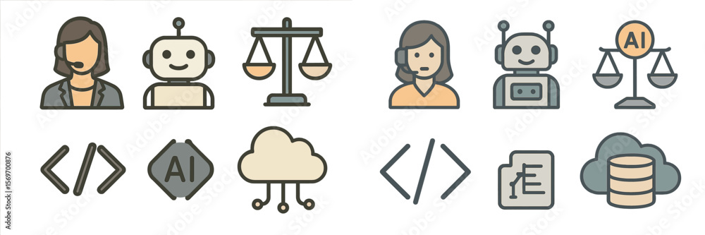 Poster Icons representing artificial intelligence and legal concepts featuring human and robot interaction in a digital environment