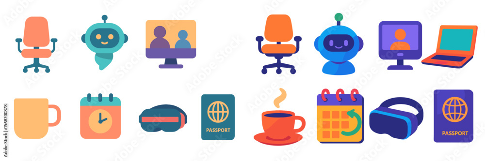 Poster Collection of colorful icons depicting various tools and technologies for remote work and travel