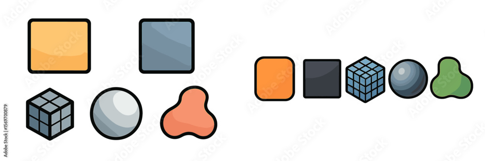 Poster shapes and colors displayed in a structured arrangement showcasing geometric forms in vibrant tones