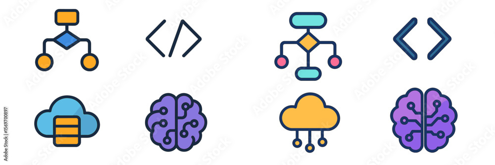 Poster Colorful icons representing various aspects of technology and programming in a modern digital design layout