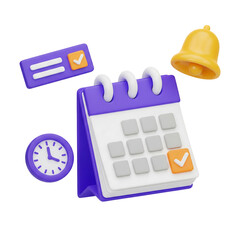 3D scheduling and time management icons. Calendar, clock, and bell for planning concepts. Isolated on transparent background, png
