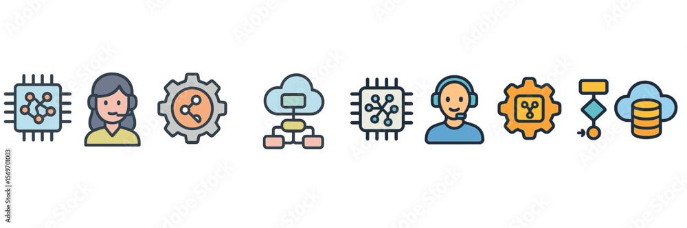 Poster icons representing technology, data, and communication in a modern digital landscape showcasing vari