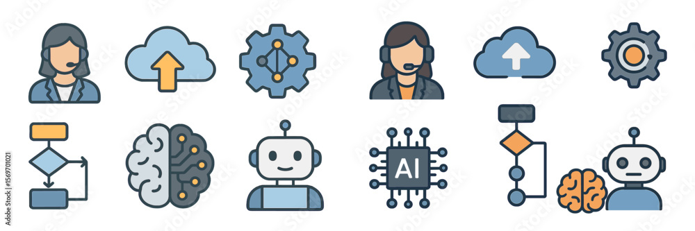 Poster Technology symbols showcasing cloud computing, AI, and automation workflow in a modern digital landscape