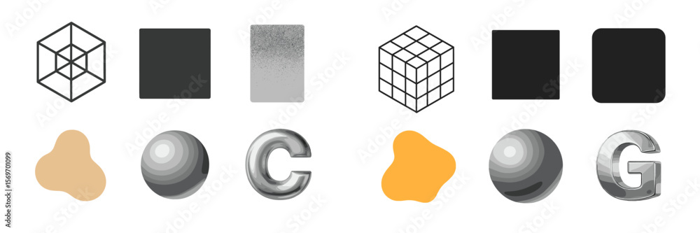 Poster various geometric shapes and textures displayed in a minimalistic arrangement on a simple background