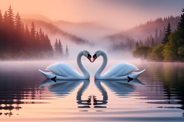 A Serene Pair of Swans Forming a Heart on a Misty Lake at Dawn