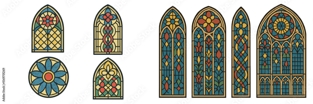 Poster stained glass designs showcasing intricate patterns and vibrant colors in various shapes and sizes