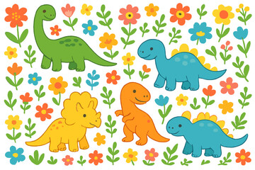Naklejka premium Colorful cartoon dinosaurs surrounded by flowers in a playful design for children