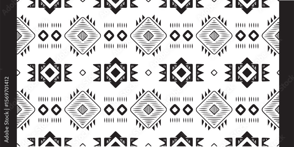 Poster black and white tribal pattern with diamonds squares and triangles in a repeating design element sty