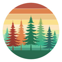 Vintage circular design pine tree silhouettes against a pastel (sage, lavender, amber) sunset, with grain and thick outlines, vintage, circular, design, pine, tree, silhouettes, pastel, sage, lavender