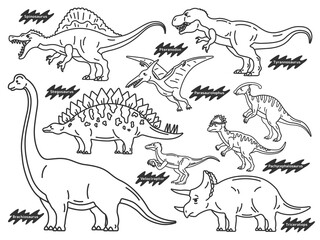 さまざまな恐竜（線画）のイラストセット