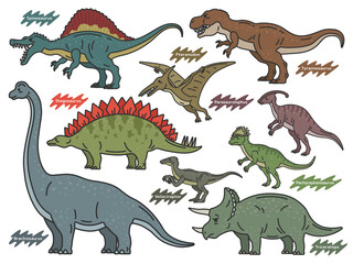 さまざまな恐竜（線画カラー）のイラストセット