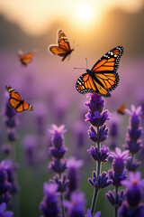 Obraz premium Butterflies on blooming lavender in the soft evening light