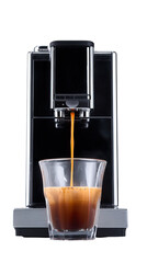 Espresso machine pouring coffee shot into glass on transparent background

