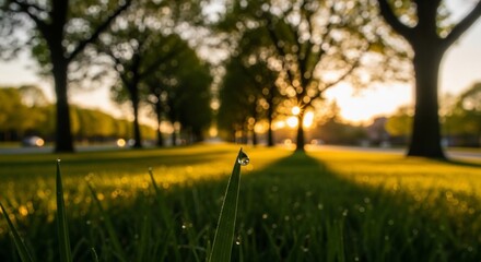 Dewdrop on Grass Blade Reflecting Sunrise, Park Avenue Trees
